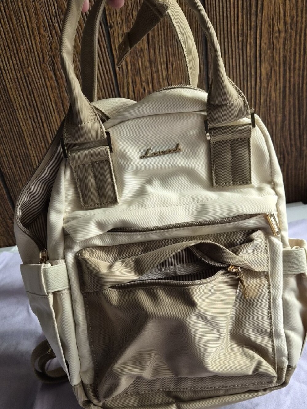 Cream and Khaki Backpack with Gold Hardware Mini - Picture 2 of 7